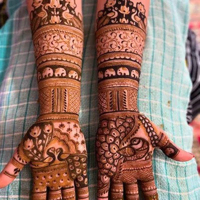 This design showcases a variety of classic motifs on both hands. You can see peacocks, swans, elephants, and lotuses combined with leafy vines and geometric bands.