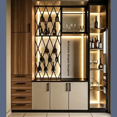 A stylish and modern bar and crockery unit. The design features a diamond-patterned wine rack, glass shelves for stemware, and integrated backlighting to create a sophisticated entertainment hub.