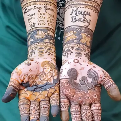 A very special figure mehendi for my sister-in-law. I included a calendar to mark the due date, a family portrait, and lots of cute baby elements like a pram and teddy bear. So much love in this design. 🩵