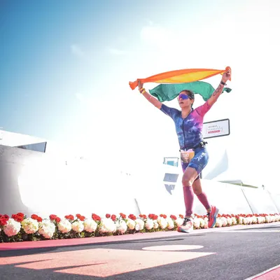 The finish line at Ironman Bahrain 70.3. I've waited a long time to carry the Indian flag across an international finish line, and it was worth every second of the struggle. This is a moment of pure, unadulterated joy.