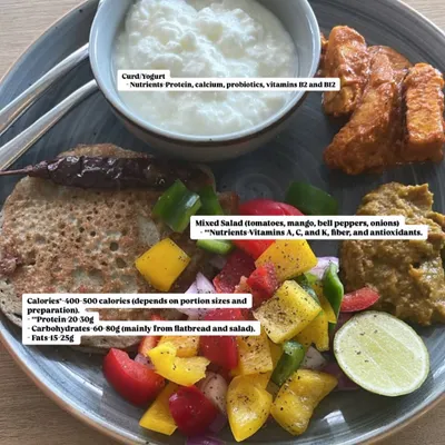 This is a perfect example of a balanced client meal. It features a colorful mixed salad, curd for probiotics, and a savory flatbread, providing a mix of protein, carbs, and healthy fats.