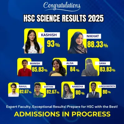 Celebrating the outstanding HSC Science results of our 2025 batch. Our expert faculty is dedicated to helping students like Kashish, Nikhat, and Manish achieve exceptional scores year after year.
