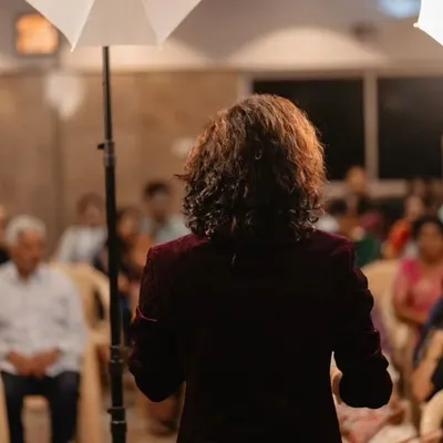 A view from the stage, looking out at the audience. This is my favorite perspective, where I can feel the energy of the crowd and connect with everyone.