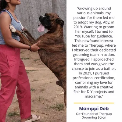 My journey started with my own dog, Aby. Wanting to groom her myself led me to discover my passion, and I eventually pursued professional certification to combine my love for animals with my creative side.