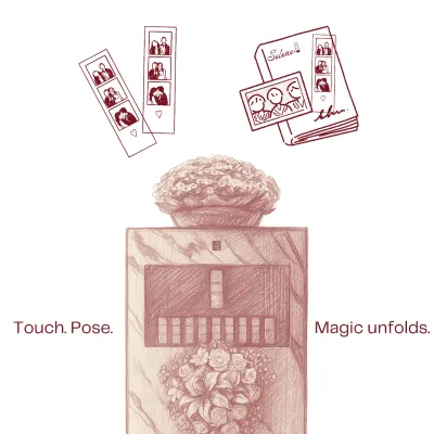 An illustration of our automated photobooth concept. Touch, Pose, Magic unfolds. This sketch captures the simple elegance and enchanting experience we aim to provide.