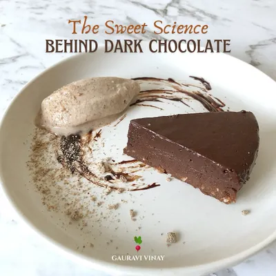 An image of a vegan raw cacao tart, used to explain the science behind dark chocolate's mood-boosting and gut-health benefits.