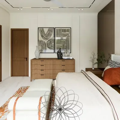 This is the master bedroom from our "Yūgen House" project, designed as a minimal haven. We used a palette of white and warm wood, with fluted wall panels and simple, elegant furniture to create a sense of calm. The design focuses on maximizing natural light and airflow for a serene living experience.