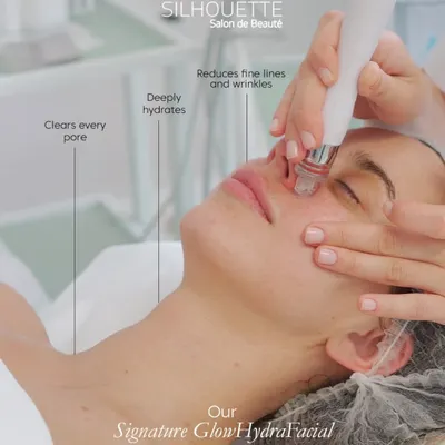 This diagram illustrates the key benefits of my Signature Glow HydraFacial. The treatment clears every pore, provides deep hydration, and visibly reduces fine lines and wrinkles for an immediate, noticeable glow.