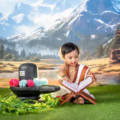 Against the backdrop of the mighty Himalayas, we captured these magical moments of a little Shiv Bhakt. It's an honor to bring such a divine vision to life in my studio.