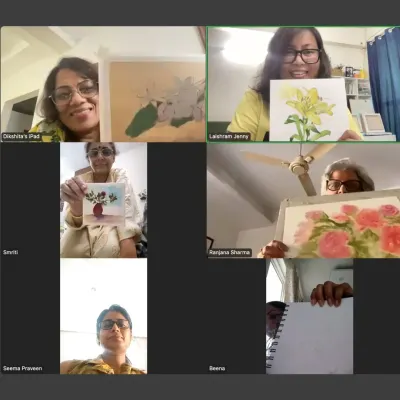 My live online classes bring together art lovers from everywhere. Here’s a happy group showing off their beautiful floral watercolor paintings from one of our recent Zoom sessions. It’s a relaxed way to learn from home.