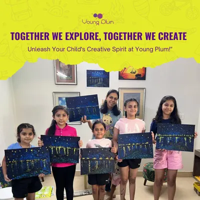 Together we create! Here I am with a group of proud artists and their stunning night-sky cityscapes. In this acrylic painting workshop, we explored layering and dotting techniques to capture the glow of city lights over water.