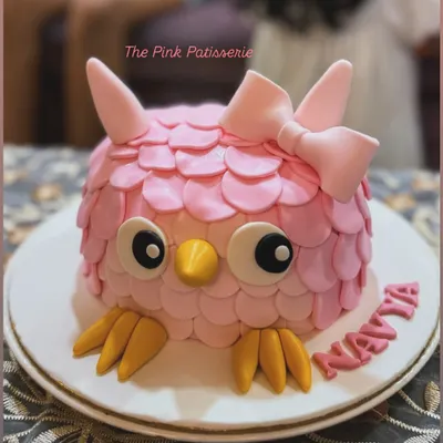 A cute and charming pink owl cake. The feathered texture is created with individual fondant pieces, and the large eyes give it a playful character.