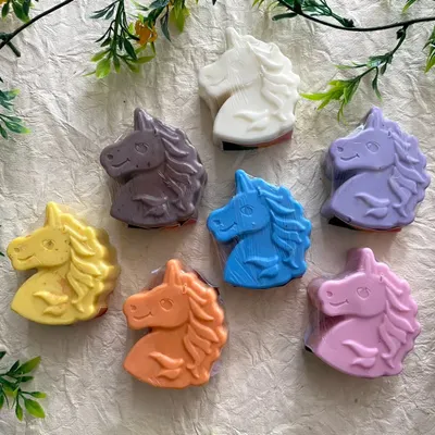 My magical unicorn soaps are a favorite among kids. I make them in a variety of colors, and each one is crafted from my gentle, SLS-free shea butter and camel milk soap base.