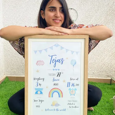 I'm so proud of how this baby biography frame for Tejas turned out. It captures all the sweet details of his arrival, from his birth date and weight to his star sign, creating a keepsake his parents will treasure.