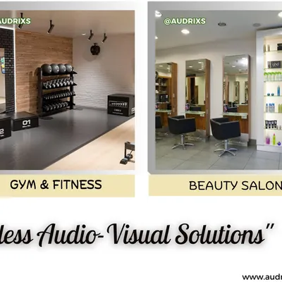 This collage demonstrates our ability to create seamless AV solutions for diverse business types. On the left, a functional fitness area with robust audio, and on the right, a beauty salon where discreet speakers and lighting enhance a relaxing customer experience.