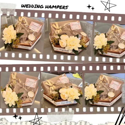 This filmstrip-style collage showcases a series of my wedding hampers. These hexagonal boxes, filled with goodies and adorned with a large cream flower, are perfect as elegant wedding favors or thank you gifts for guests.