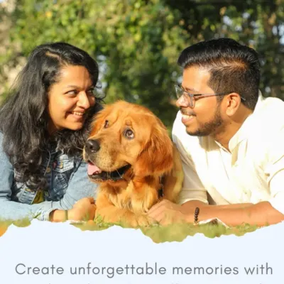 A promotional graphic featuring a happy family with their Golden Retriever, inviting clients to book a photoshoot that tells their unique story.