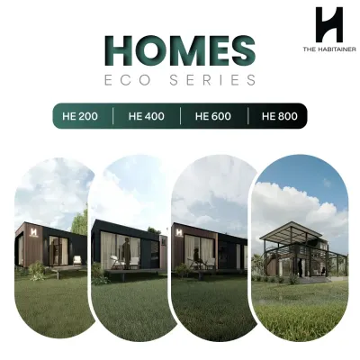 Introducing our Eco Series of homes. This graphic showcases our four standard models: the HE 200, HE 400, HE 600, and HE 800, offering a range of sizes to fit your needs and budget.