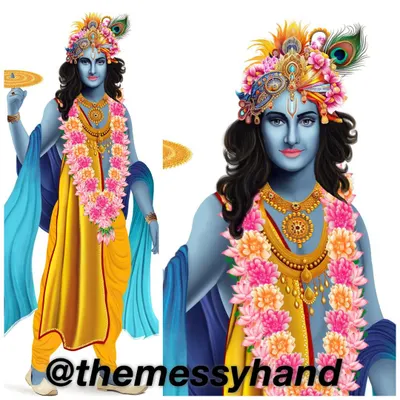 Here you can see the full-length view and a close up of the commissioned Krishna digital painting. I work closely with clients to ensure every detail, from the posture to the accessories, matches their vision.