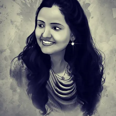 A beautiful black and white digital portrait with a textured, paint-like background. This style is very elegant and focuses on light and shadow to create a dramatic effect.