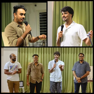 A collage from a "Pramod Sharma and Sanjeev Kumar Live" Kannada stand-up show. The energy from the performers was incredible!