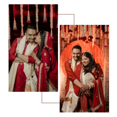 A creative collage of a Bengali couple, capturing both a playful, candid kiss and a classic, smiling portrait. This shows the different sides of their relationship, both fun-loving and gracefully composed.