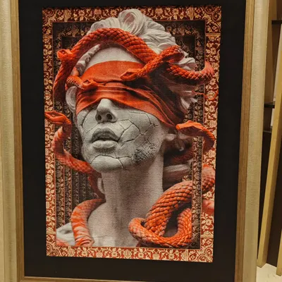 A powerful piece from Fannan Raza's 'Carpetsia' collection, where the texture and patterns of carpet art are used to create stunning, three dimensional portraits. This was showcased at Conrad Bengaluru.