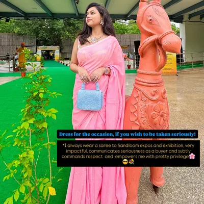 Dress for the occasion if you wish to be taken seriously. Here, I've paired a simple pink saree with a contrasting light blue bag, showing how a pop of color in your accessories can make a huge impact.