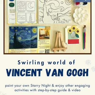 Explore the swirling world of Vincent Van Gogh with our complete painting kit. We provide a pre-drawn canvas, a paint palette, brushes, a mini easel, and an instruction booklet to guide you through creating your own 'Starry Night'.