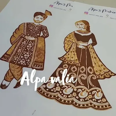 A full bride and groom portrait created with henna on paper. In my course, you will learn how to design and execute these detailed figures, paying close attention to clothing and posture.