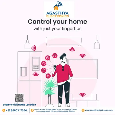 This illustration shows how you can manage lighting, music, security, and more, all from the palm of your hand. Our app brings all your home's functions together for effortless control.