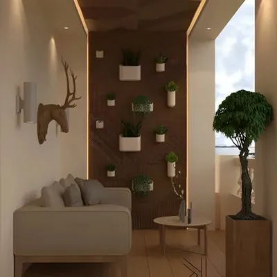 A minimalist and serene balcony featuring a simple, comfortable sofa and a small coffee table. The back wall is decorated with neatly arranged small planters and a modern art piece, creating a calm and uncluttered space for relaxation.
