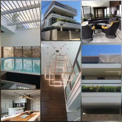A collage of a recently completed luxury urban residence. This project features a private swimming pool, a custom geometric chandelier, modern kitchen design, and balconies with integrated planters, showcasing our expertise in high end interior and exterior design.