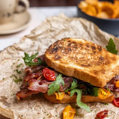 A closer look at my signature BLT. You can see the layers of crispy bacon, peppery arugula, and sweet roasted tomatoes, all on perfectly toasted bread. It’s a balance of textures and flavors.