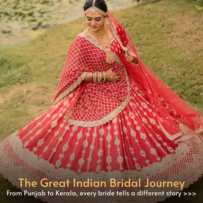 Our journey begins with this classic red bandhani lehenga, representing the vibrant spirit of a Punjabi bride. The intricate all-over pattern and rich color make it a timeless choice for the main wedding day.