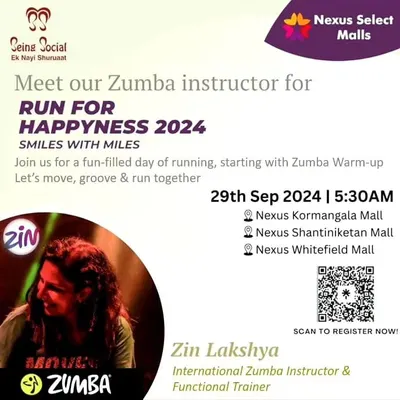 This poster announced my role as a Zumba instructor for the 'Run for Happiness 2024', a multi-location marathon event in collaboration with Nexus Malls.