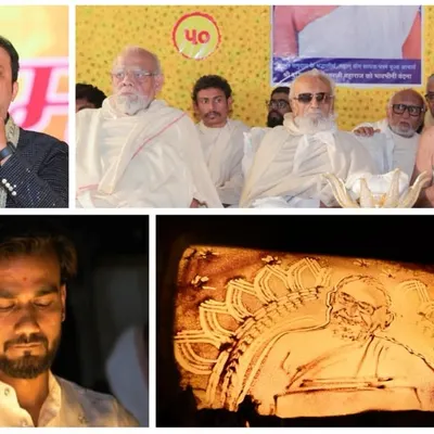 This collage captures the essence of my performance at Mahudi Tirth. It shows me in action, the final sand art, the audience, and the revered spiritual leaders present at the event.