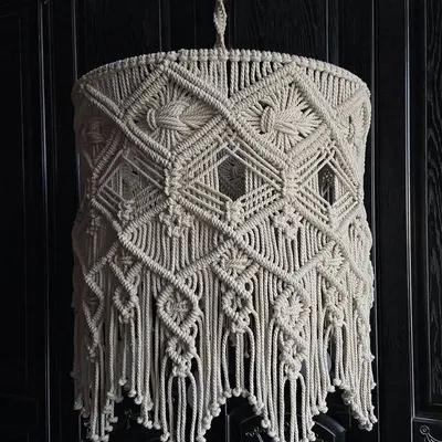 This intricate macrame hanging lamp is a true statement piece. The detailed knot work creates beautiful light patterns, adding a warm and cozy ambiance to any room.