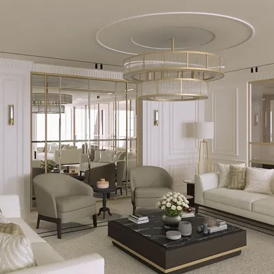 Another view of the neo-classical drawing room, highlighting the use of mirrors to enhance space and light. The careful arrangement of furniture and the grand chandelier create an atmosphere of sophisticated comfort and classic luxury.