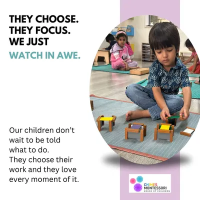 We believe in following the child's lead. Here, a young learner is deeply focused on his chosen work, demonstrating the natural concentration that emerges when children are trusted to follow their own curiosity in a prepared environment.