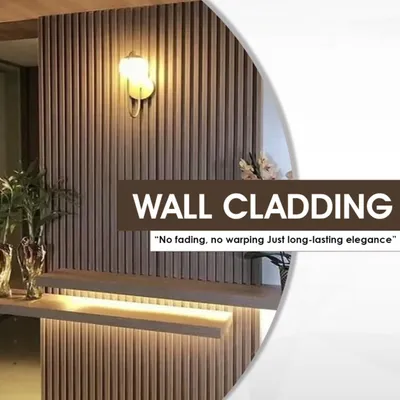 This is a great example of my WPC wall cladding used to create a sophisticated entryway. The vertical fluted lines, combined with warm backlighting, create an inviting and modern look that is both elegant and long-lasting.