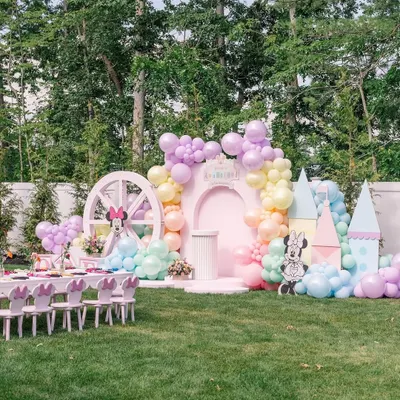 A complete outdoor setup for a pastel Disney-themed party. This "Anayaland" features a main stage, themed kids' tables, a castle prop, and character cutouts, creating an immersive and magical experience for the children.