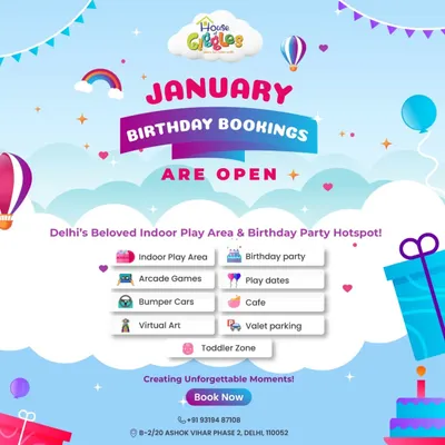 January birthday bookings are open! This graphic lists all the amazing features I offer, including the indoor play area, arcade, bumper cars, cafe, and toddler zone. Book now to create your unforgettable moments.