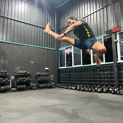 Leaping into a new week. This phenomenal flying kick from one of our adult members shows the incredible athleticism you can achieve through kickboxing.
