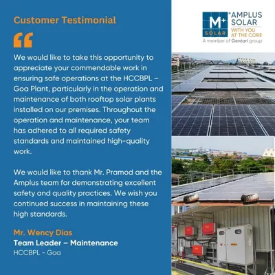 We are honored to receive this appreciation from Hindustan Coca-Cola Beverages for the safe and seamless development of their 985.95 kWp solar plant in Goa. This feedback reinforces our commitment to delivering clean energy solutions with the highest standards of safety and quality.