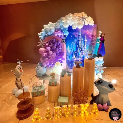 The complete 'Frozen' themed setup for Aadvika's party, creating a magical winter scene with a castle backdrop, character standees, and extensive balloon work.