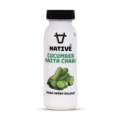 A crisp, clear shot of a cucumber raita chaas bottle on a pure white background, perfectly lit to show the label details without any distractions.