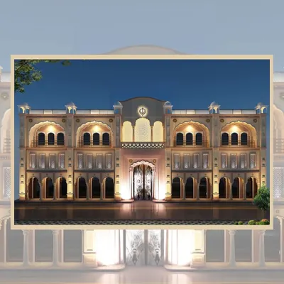 The illuminated facade of Gurudwara Rakab Ganj Sahib in Delhi. Our architectural design highlights the building's elegant symmetry and historical fusion of styles, creating a landmark that is powerful and serene.