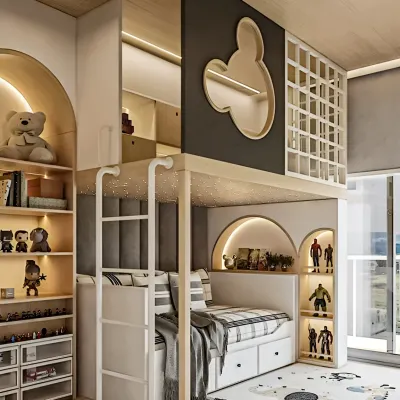 We love creating imaginative and practical spaces for children. This loft bed design maximizes a small room by combining a sleeping area, a play space underneath, and extensive built-in storage, including arched display nooks and drawers, all personalized with a fun theme.