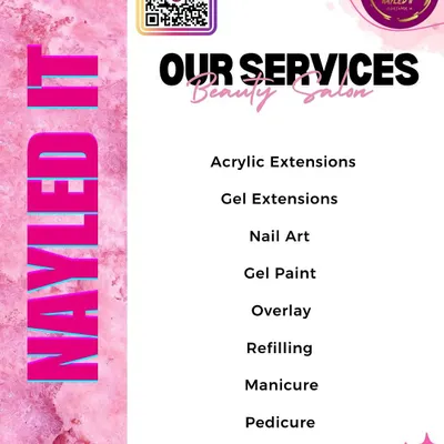 A detailed look at my nail-specific services. I offer everything from acrylic and gel extensions to refills, overlays, and custom nail art, as well as classic manicures and pedicures.